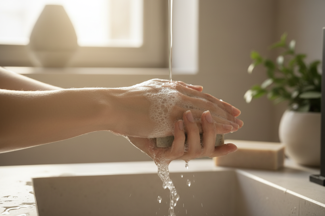 Händer som tvättar sig med hårdtvål