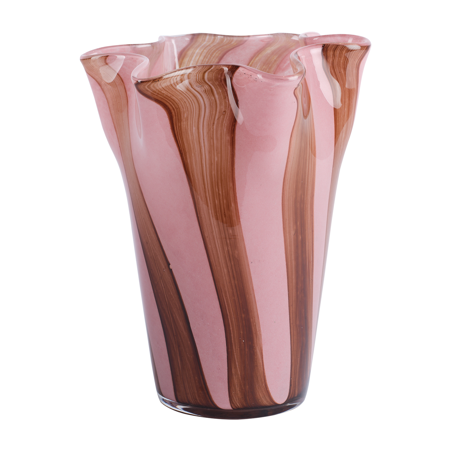 En vas i glas med böljande kanter i rosa och bruna ränder.