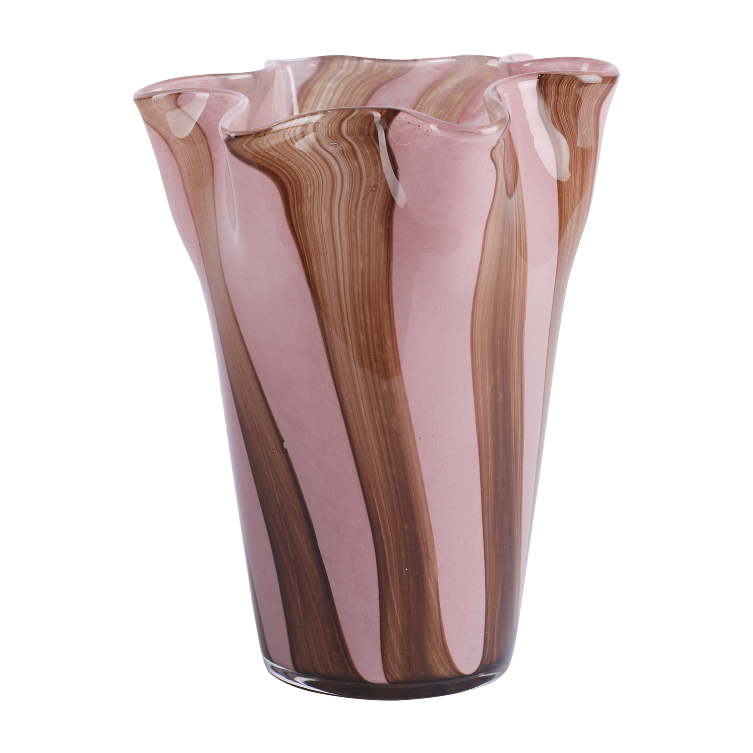 En vas i glas med böljande kanter i rosa och bruna ränder.